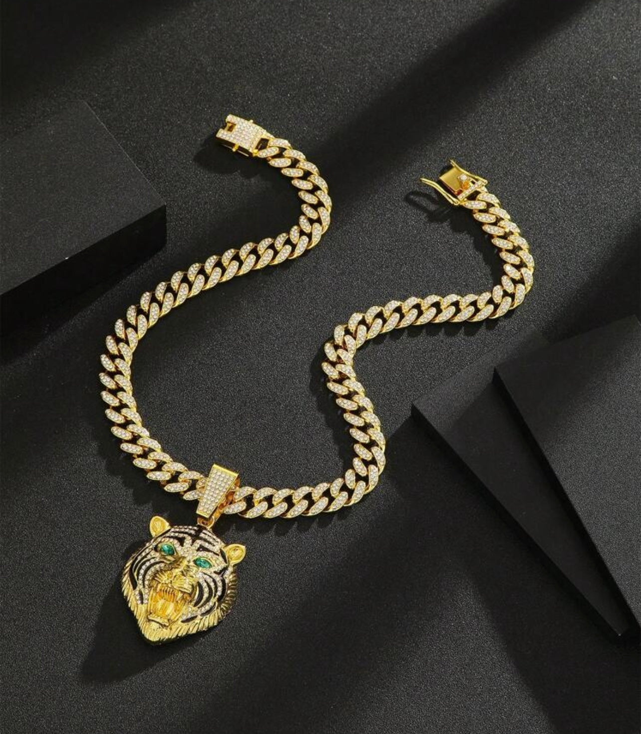 Iced out encrusted chain with tiger pendant