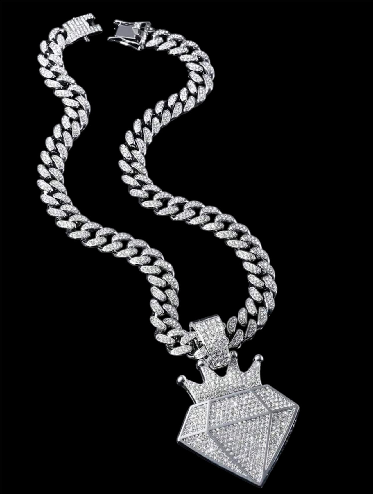 Iced out encrusted chain with crown diamond pendant